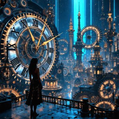 The primary subject of the image is a woman standing in front of a large clock. The setting is a futuristic city with a clock tower in the background. The visual style is a combination of photo and digital art, creating a surreal and intriguing atmosphere. The colors are predominantly blue and gold, with the blue clock and gold accents adding to the futuristic feel of the scene.